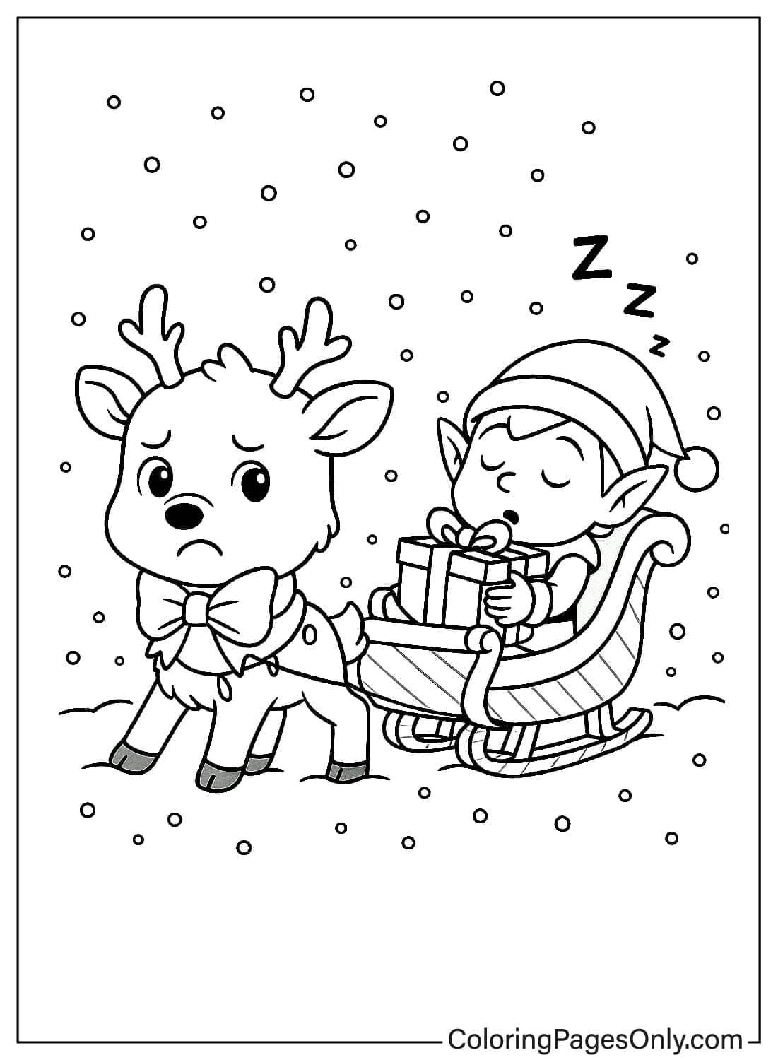 Sad Reindeer Pulling Sleigh with Sleeping Elf and Christmas Presents Coloring from Reindeer