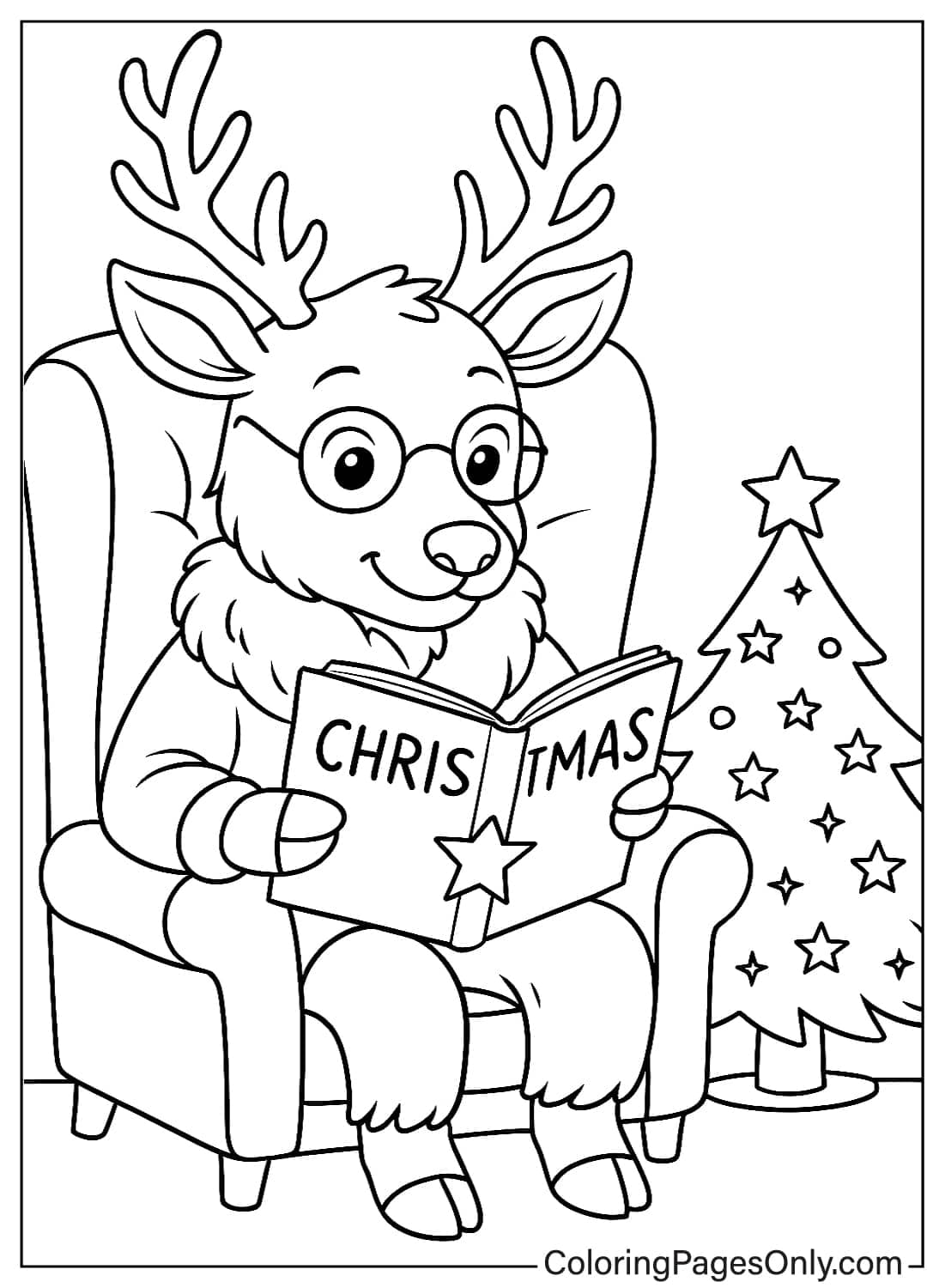 Reindeer Wearing Glasses Sitting in Chair Reading Christmas Book Coloring Sheet from Reindeer