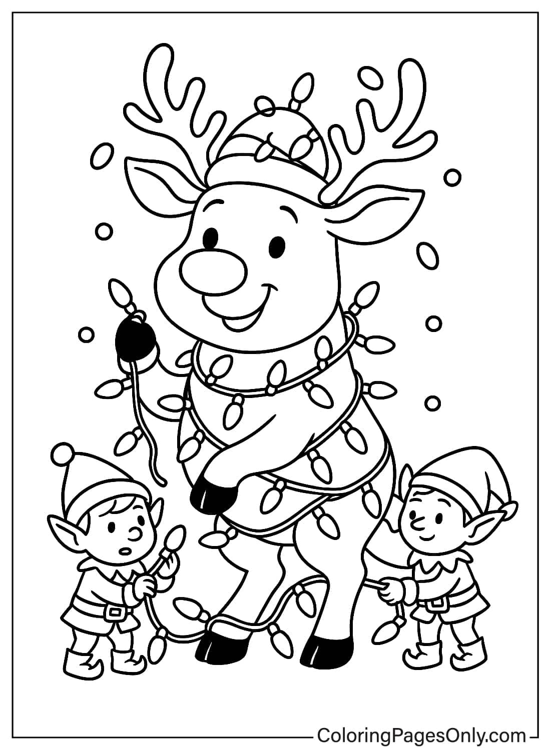 Reindeer Wrapped in Christmas Lights Being Helped by Two Elves Coloring Sheet from Reindeer