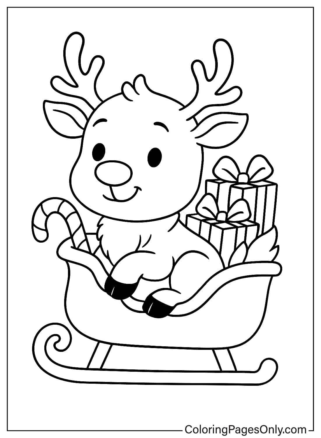 Baby Reindeer Sitting in Christmas Sleigh with Candy Cane and Presents Coloring from Reindeer
