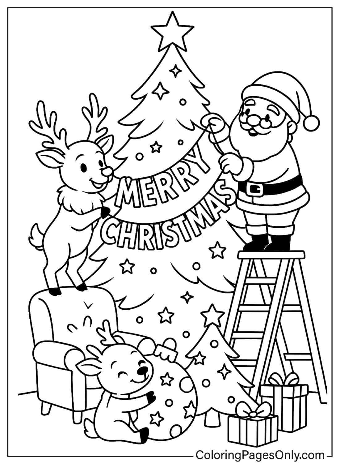 Santa Claus and Reindeer Decorating Tree with Merry Christmas Banner Coloring Page from Reindeer