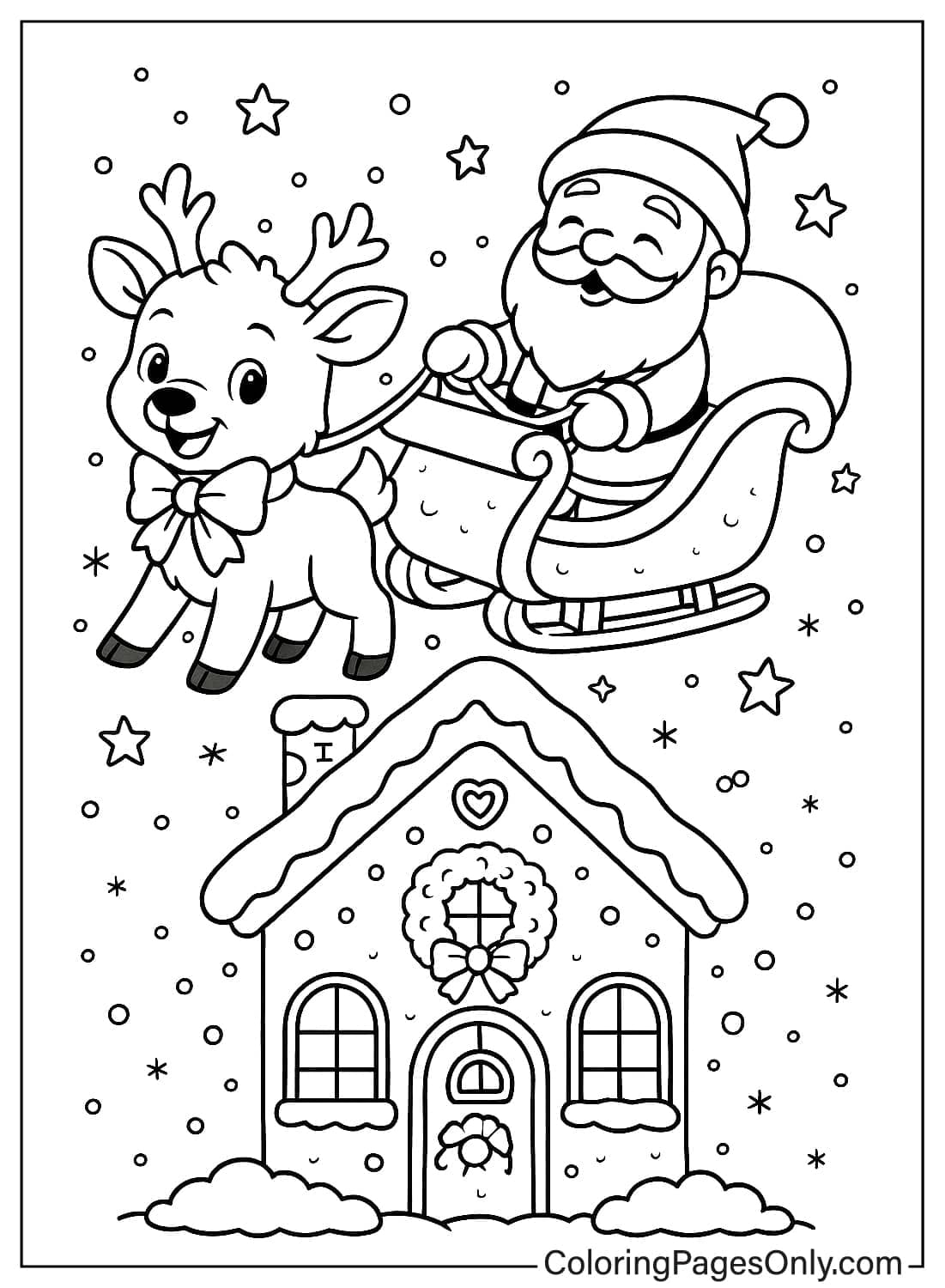 Santa Claus and Reindeer Flying Sleigh over Snowy Gingerbread House Coloring from Reindeer
