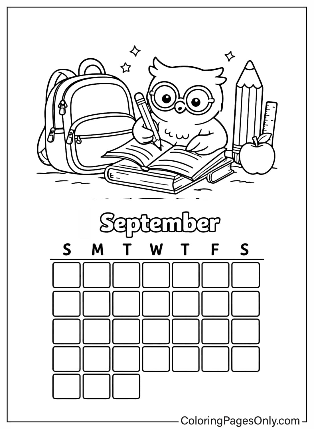 September calendar coloring pages school owl from Calendar