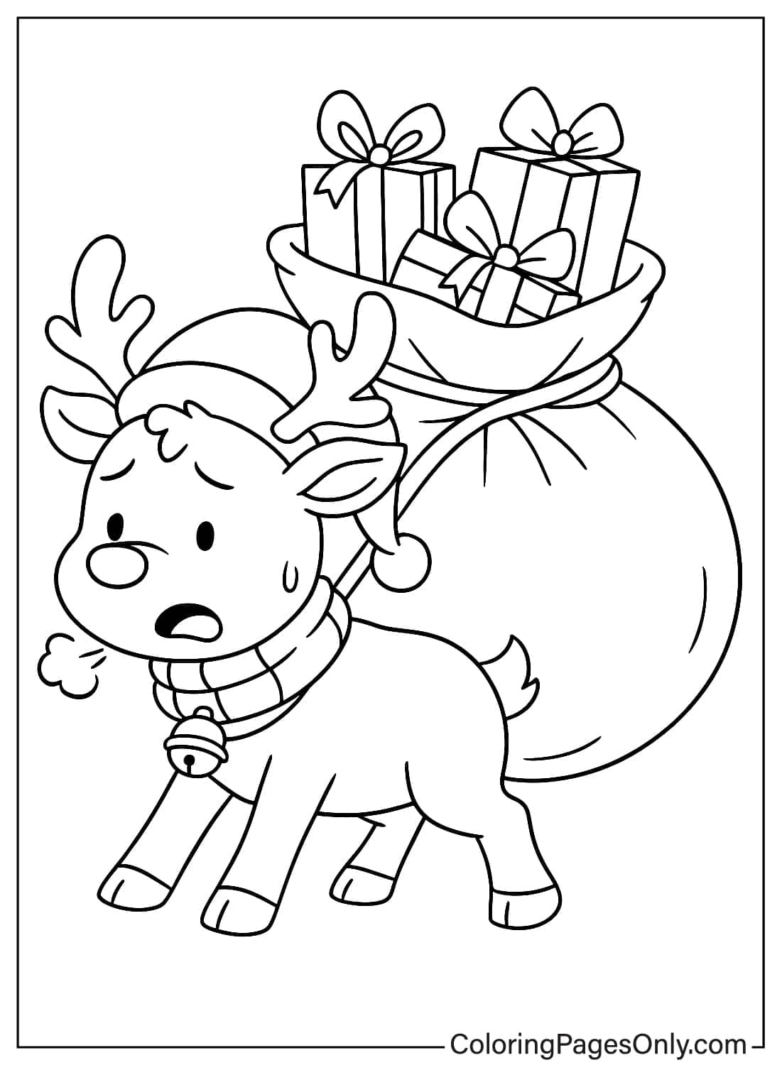 Exhausted Reindeer Wearing Santa Hat Pulling Heavy Sack of Presents Coloring from Reindeer