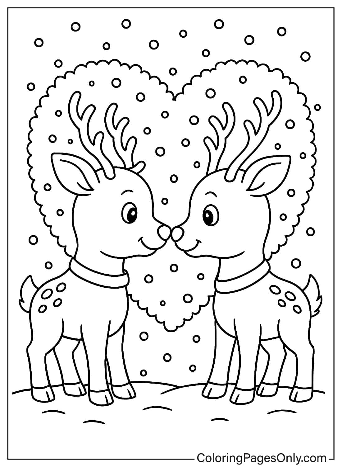 Romantic Reindeer Couple Under Heart Shaped Snow Coloring Sheet from Reindeer