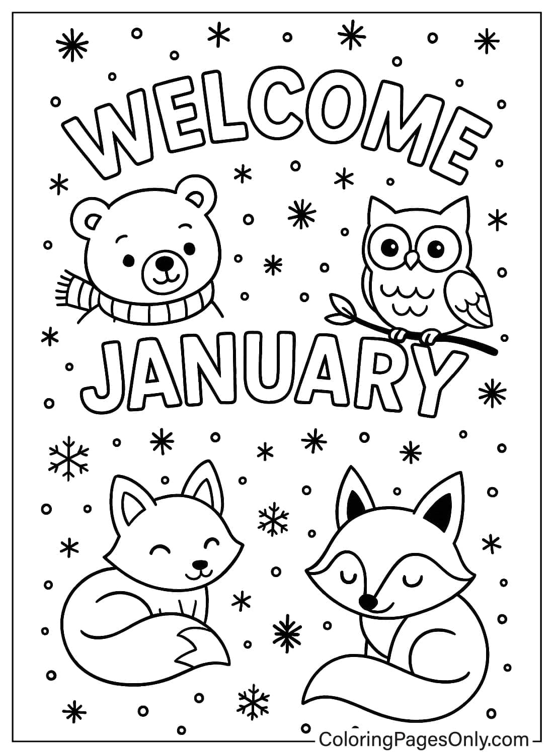 Welcome January text with bear owl and two foxes surrounded by snowflakes animal coloring page from January 2026