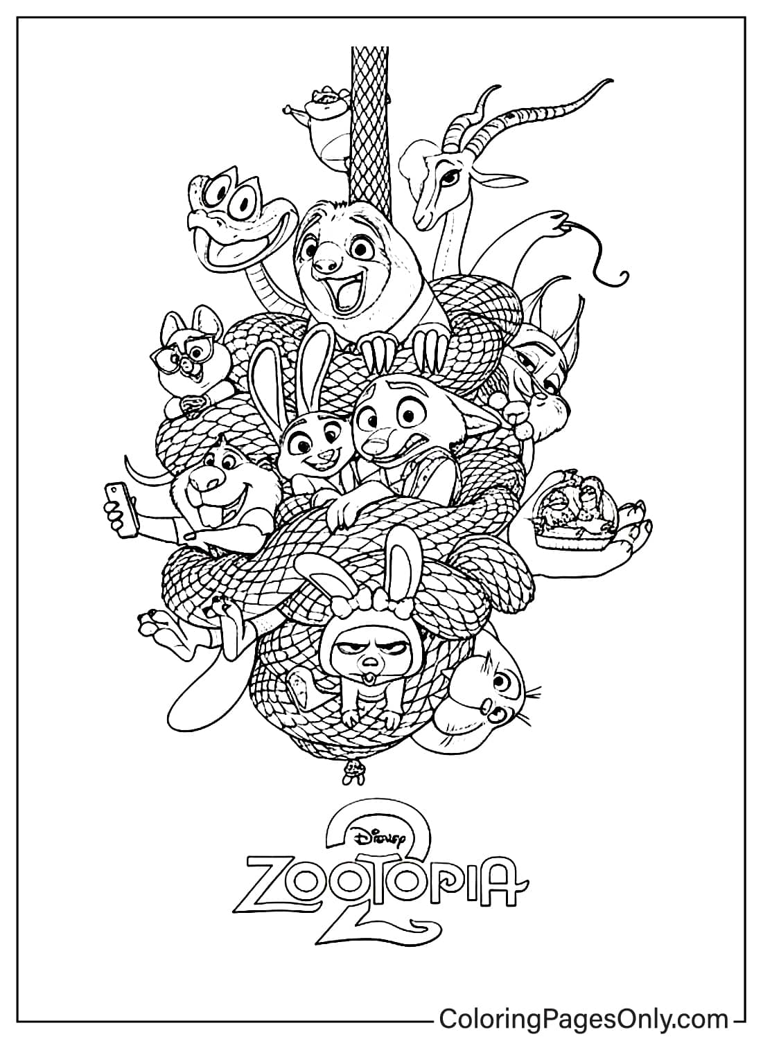 Zootopia 2 Coloring Page All Characters Nick Judy Gazelle Snake from Zootopia