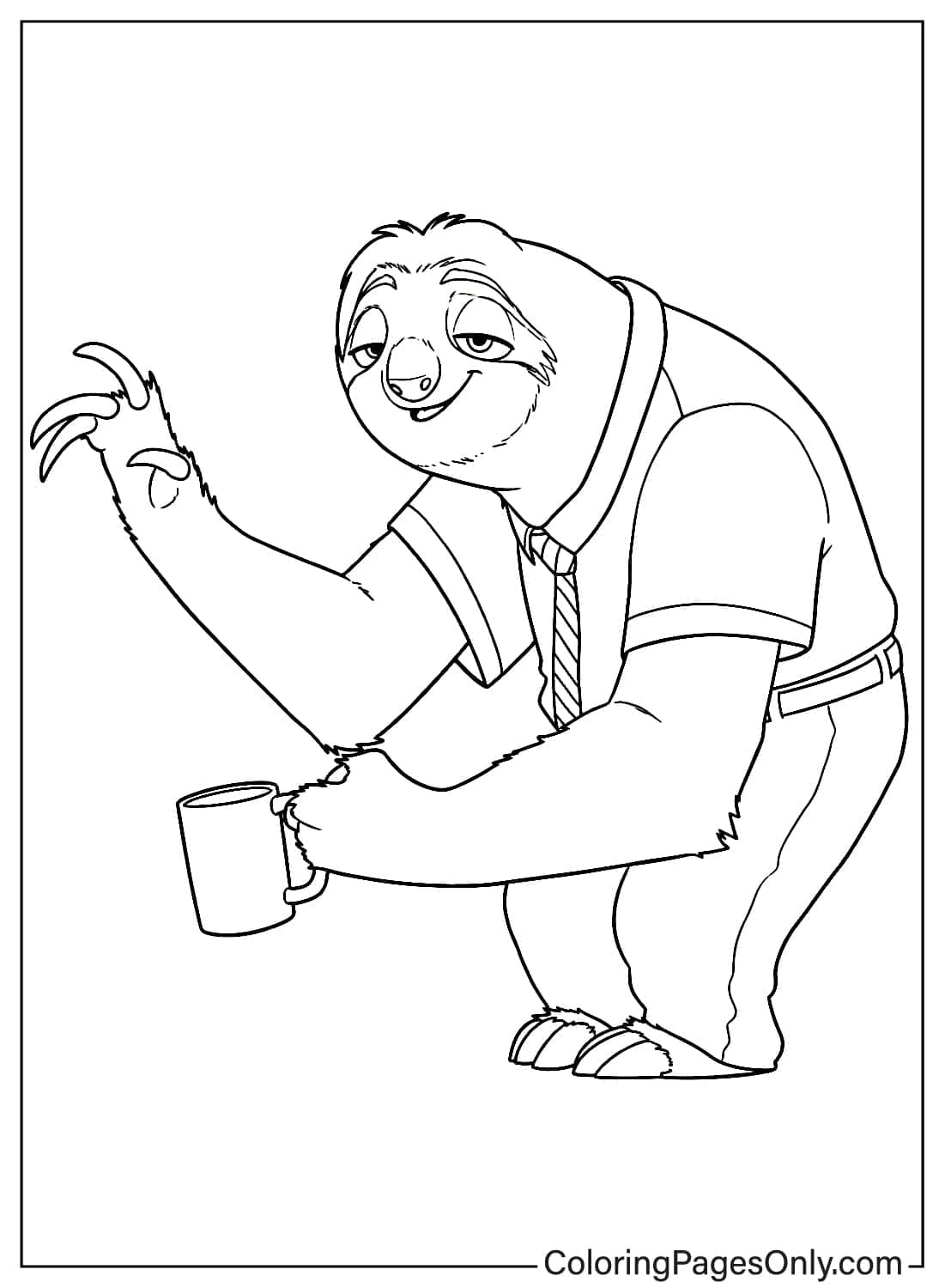 Zootopia 2 Coloring Page Flash the Sloth Holding Coffee Mug from Zootopia