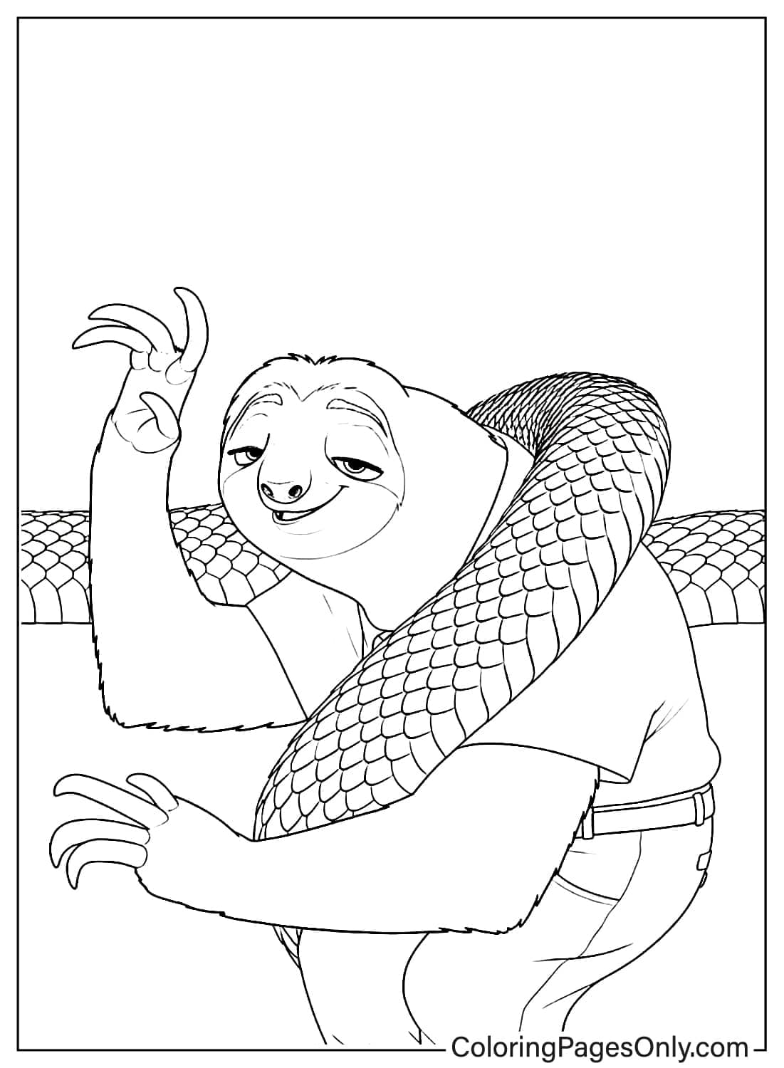 Zootopia 2 Coloring Page of Flash the Sloth with Snake from Zootopia