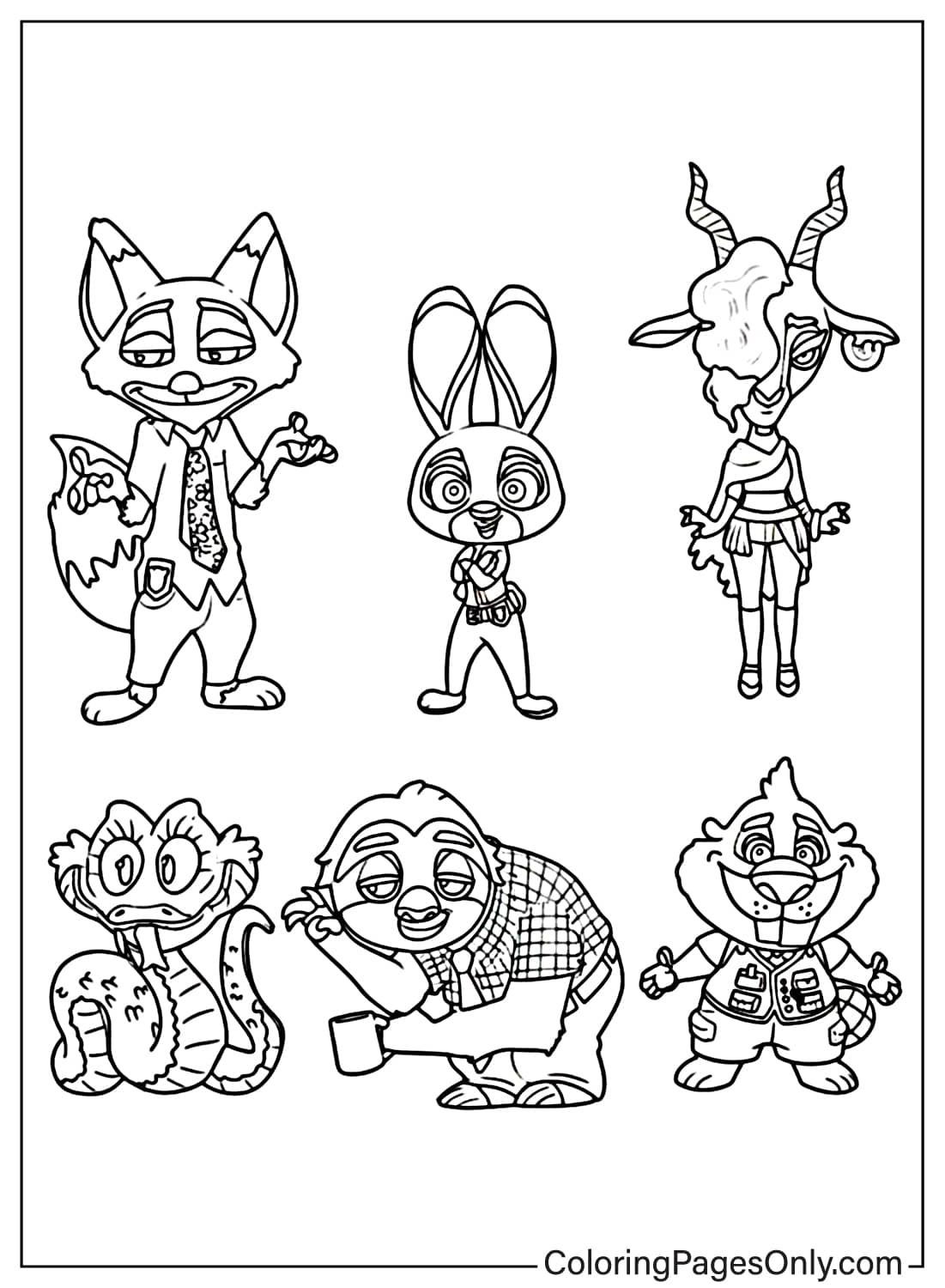 Zootopia 2 Coloring Page Nick Judy Flash Gazelle and Snake from Zootopia