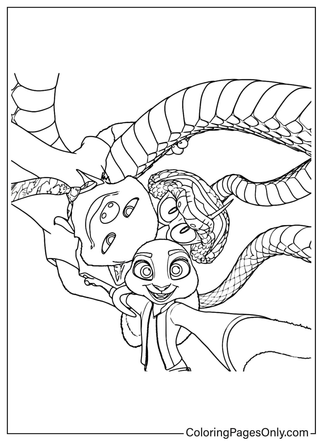 Zootopia 2 Coloring Page Judy Taking Selfie with Characters and Snake from Zootopia