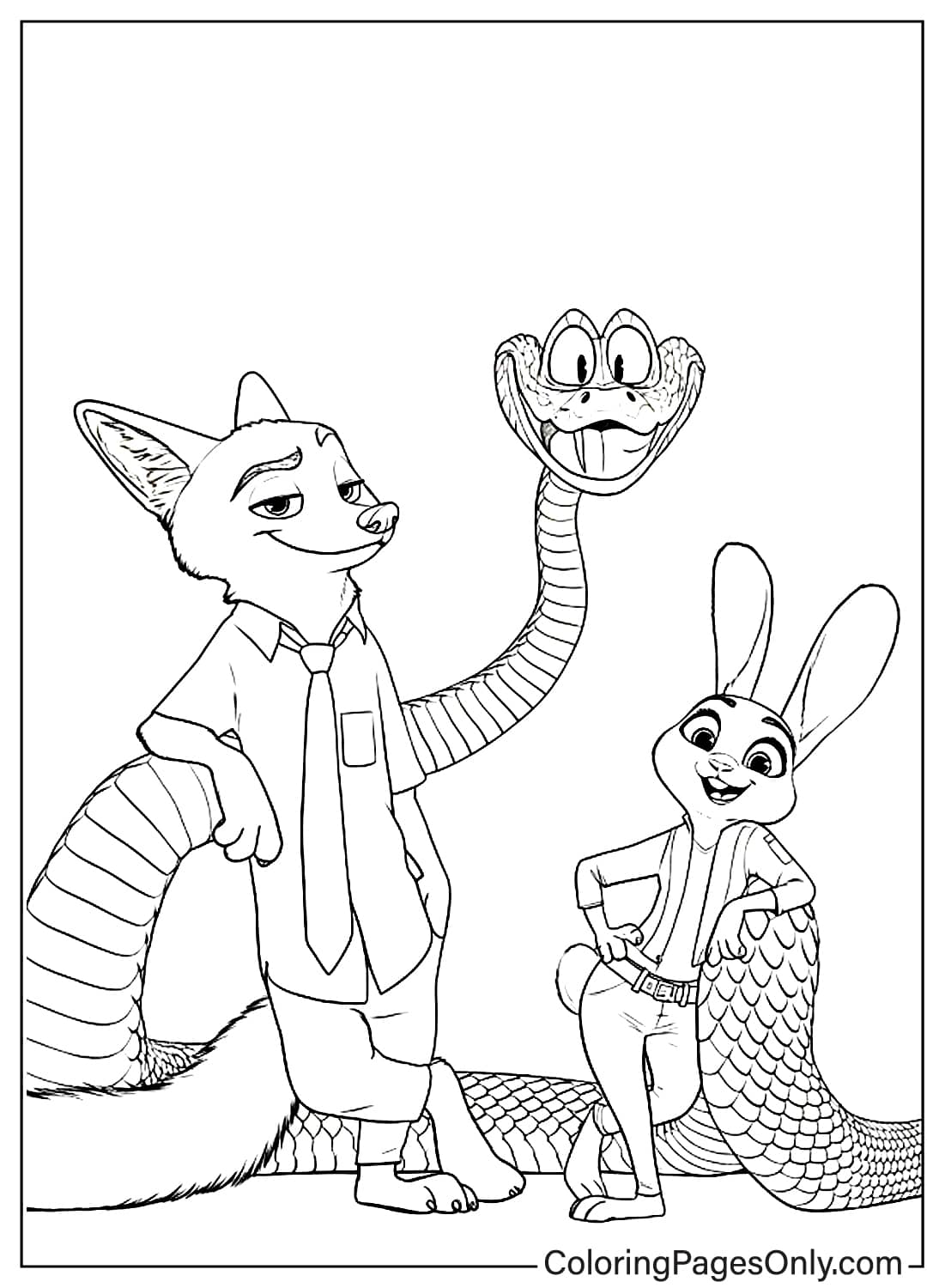 Zootopia 2 Coloring Page Nick Judy with Happy Snake from Zootopia