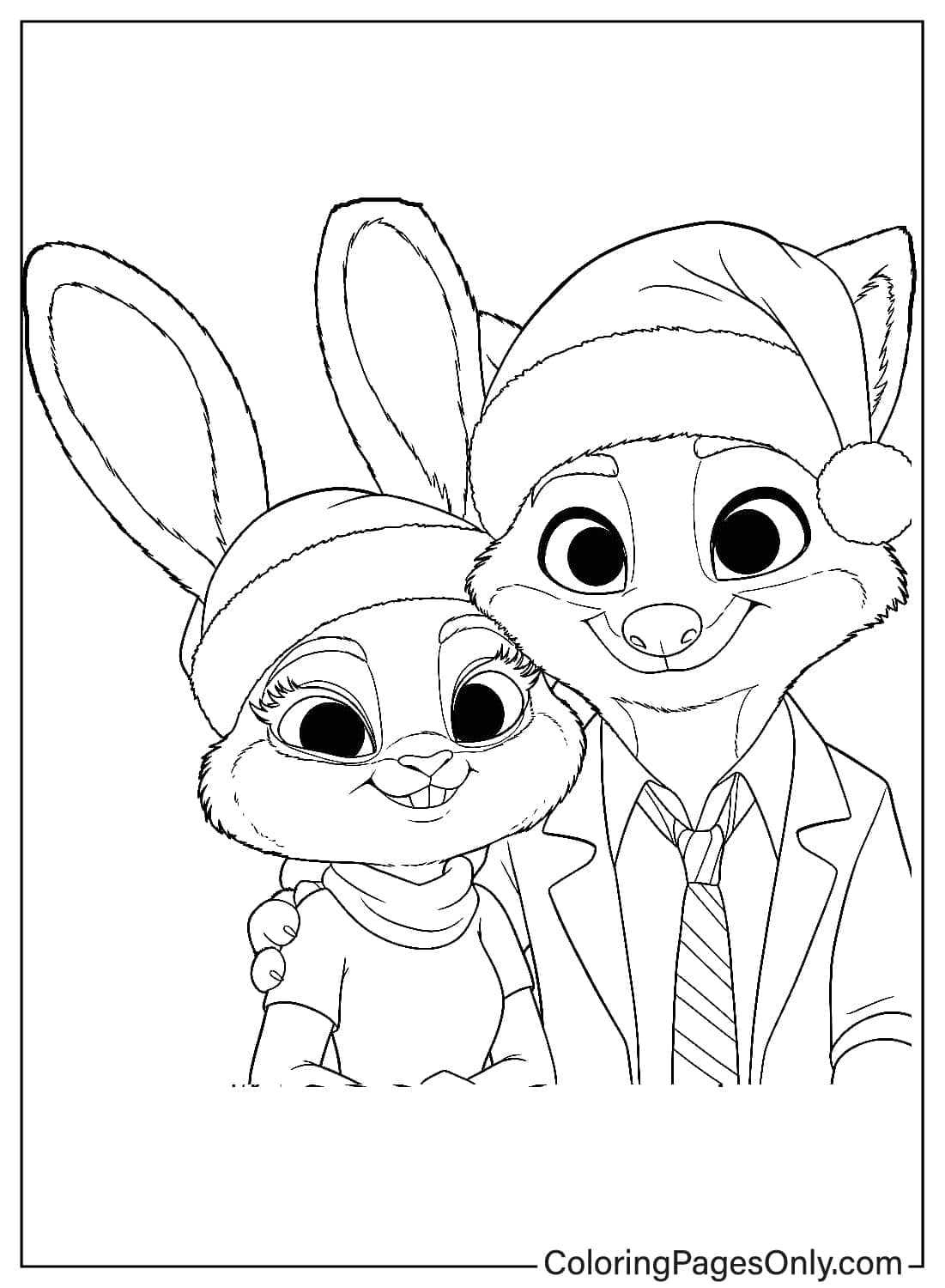 Zootopia 2 Coloring Page Nick and Judy in Holiday Hats from Zootopia
