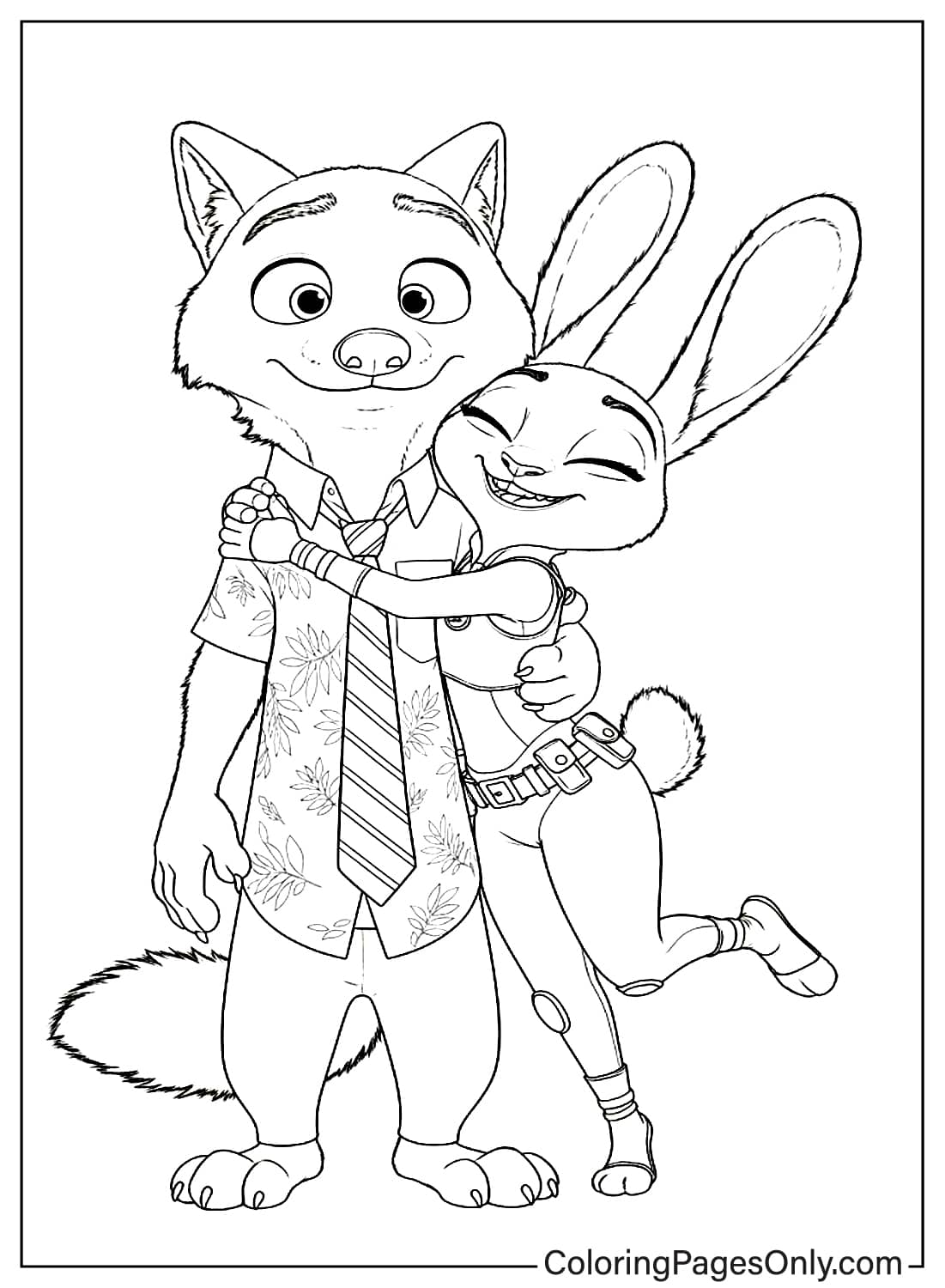 Zootopia 2 Coloring Page Nick Wilde and Judy Hopps Hugging from Zootopia