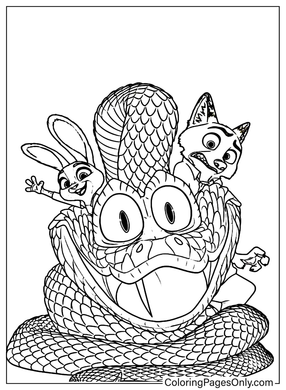 Zootopia 2 Coloring Page of Judy Nick and Large Snake Head from Zootopia