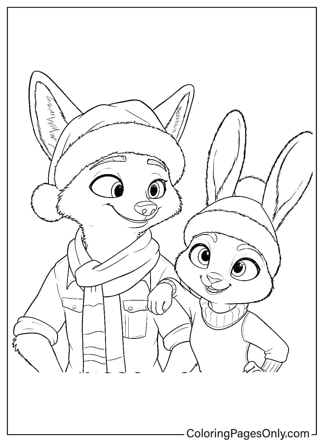 Zootopia 2 Coloring Page Nick and Judy in Winter Hats and Scarves from Zootopia