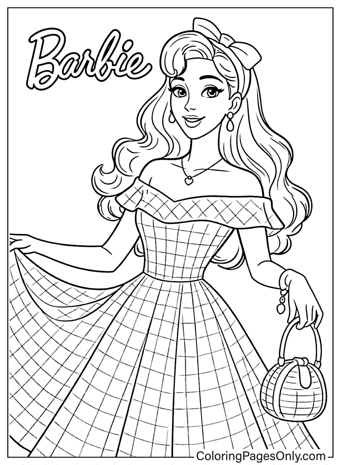 Barbie holding handbag in elegant dress coloring page from Barbie