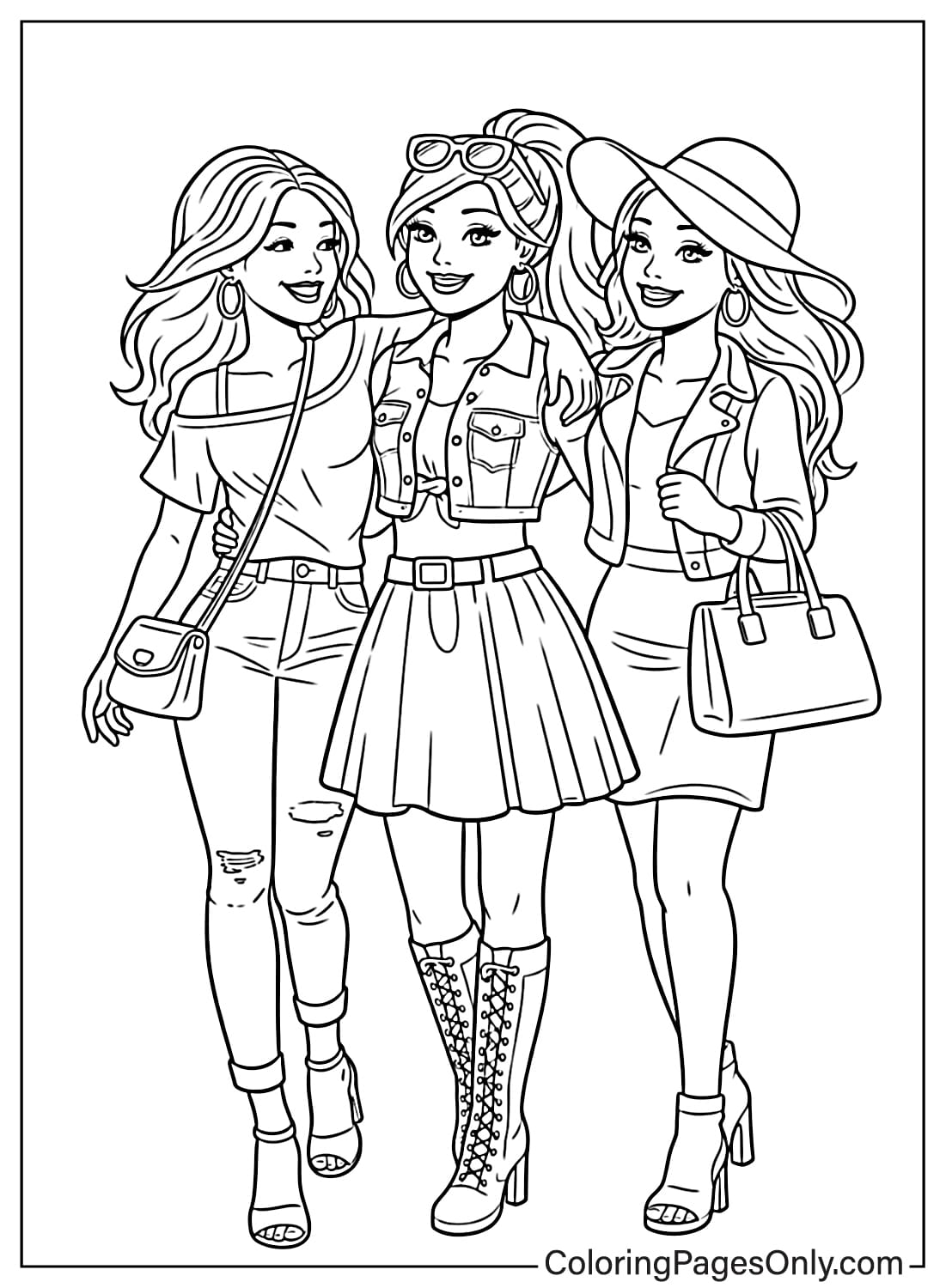 Barbie and friends walking together coloring page from Barbie