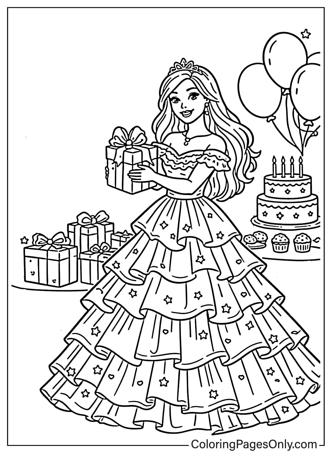 Barbie wearing a party dress coloring page from Barbie
