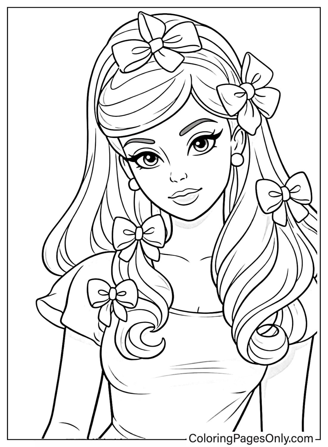 Barbie half body portrait coloring page with bows in hair from Barbie