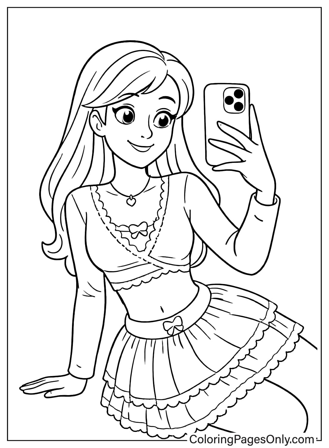 Barbie taking a selfie black and white coloring page from Barbie