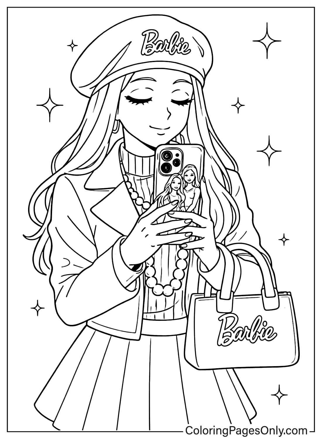 Barbie taking selfie with shopping bag coloring page from Barbie