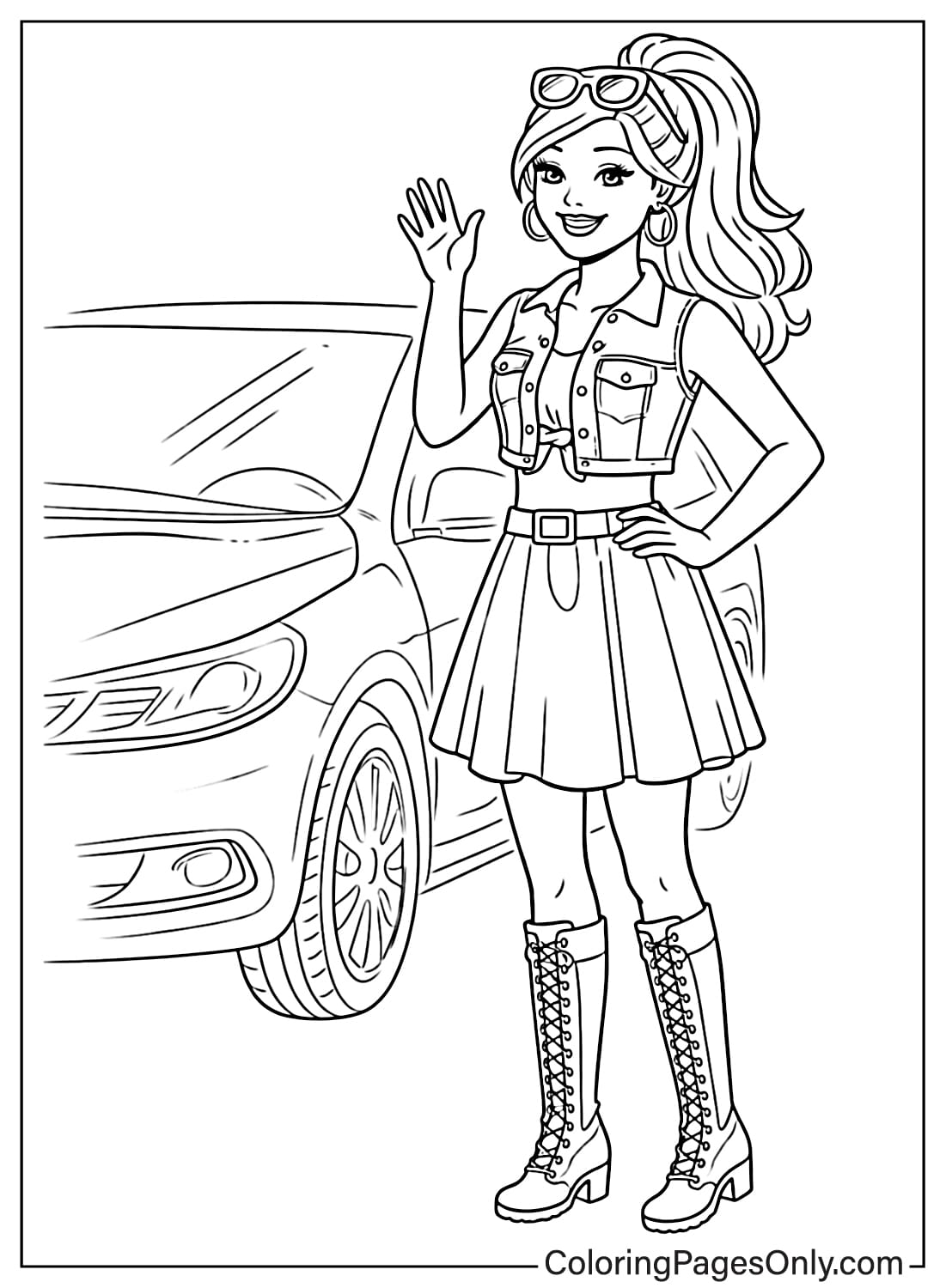 Barbie waving next to a car coloring page from Barbie