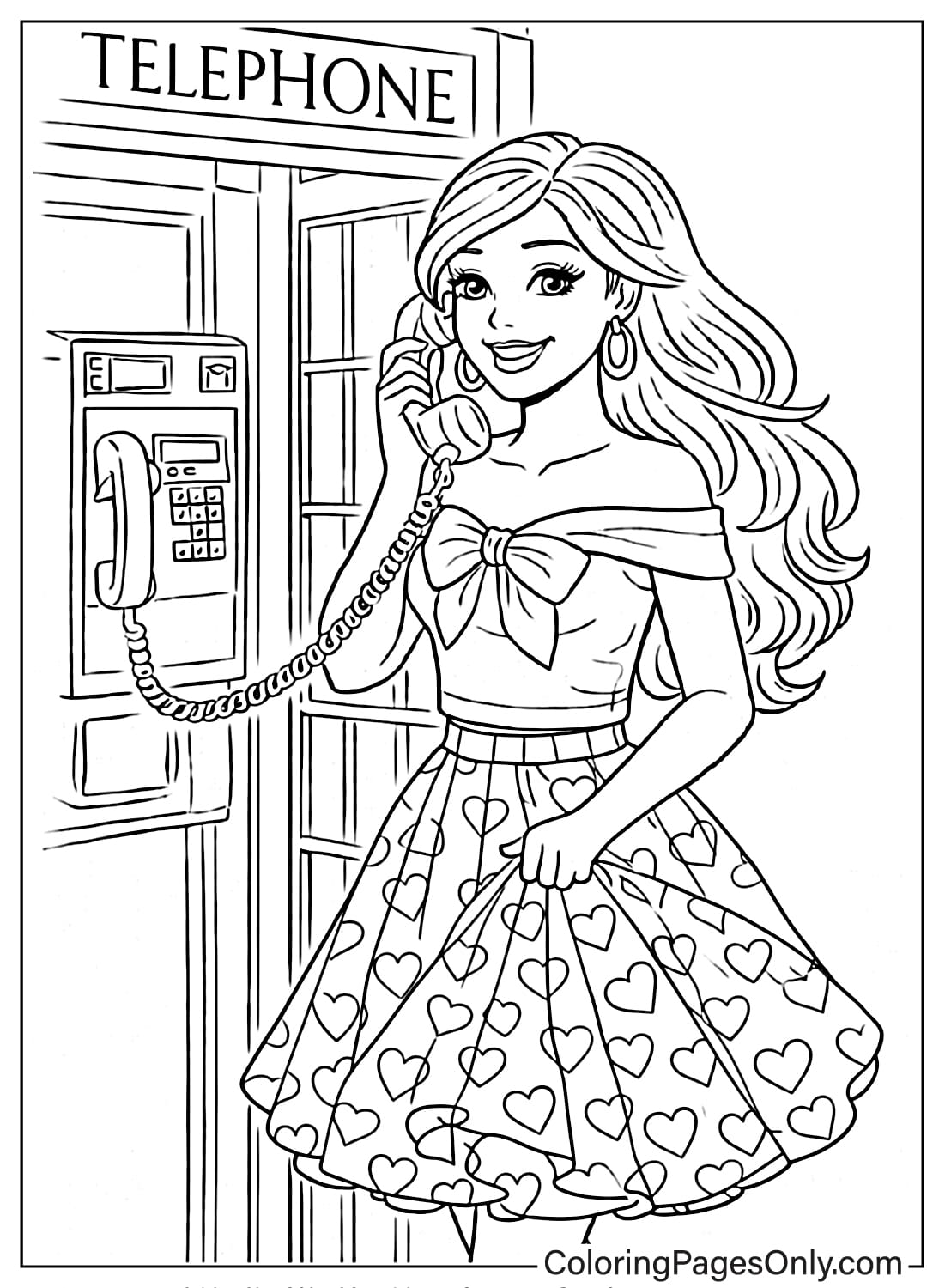 Barbie talking on vintage telephone coloring page from Barbie
