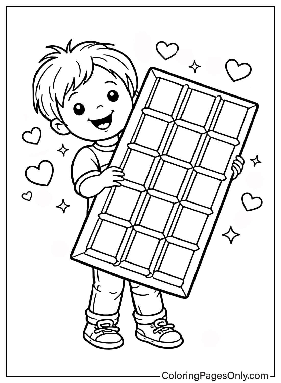 Boy Holding Giant Chocolate Bar Coloring Page from Chocolate