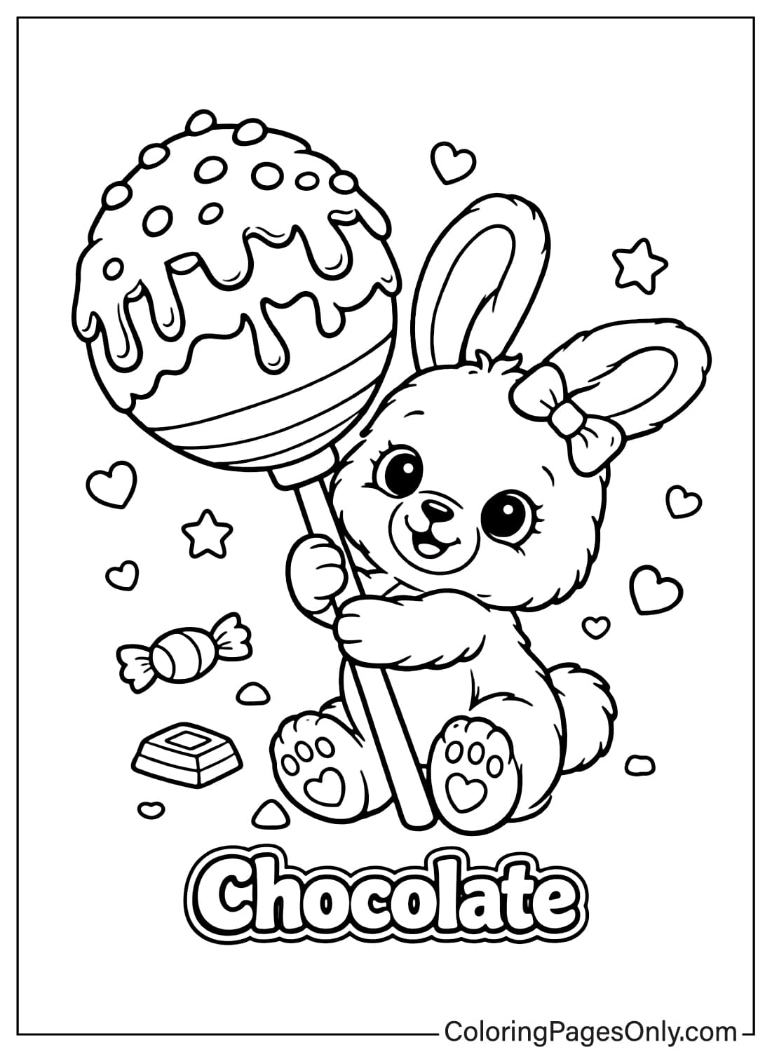 Cute Bunny Holding Chocolate Lollipop Coloring Page from Chocolate