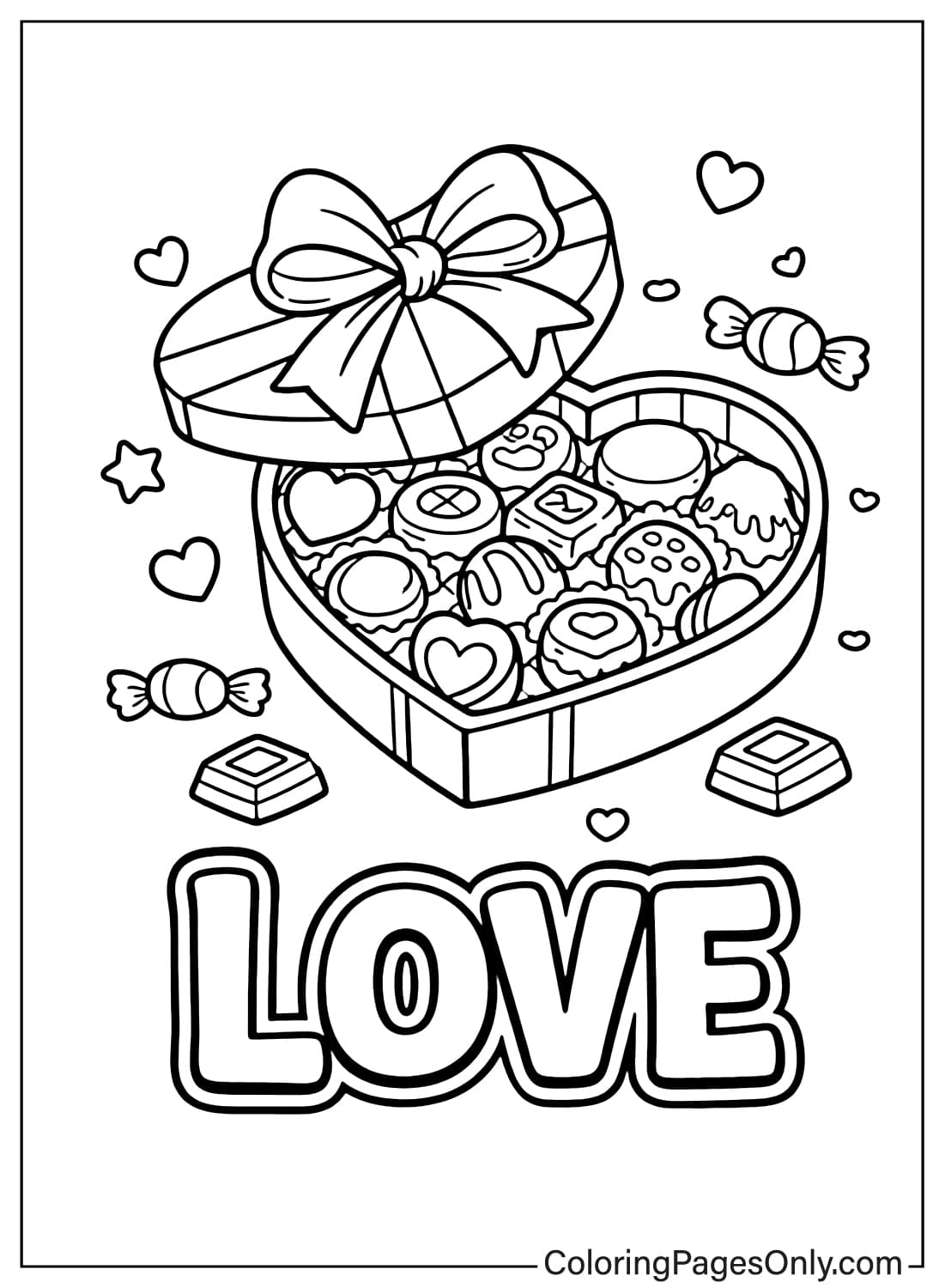 Chocolate Gift Box With Love Text Coloring Page from Chocolate