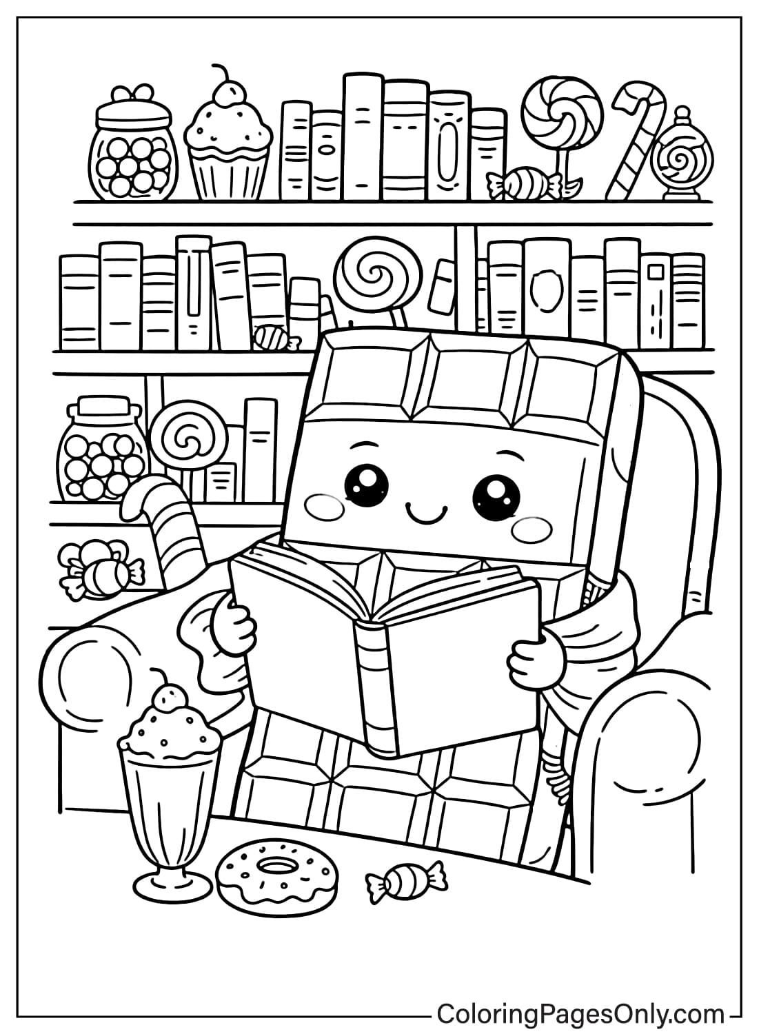 Cute Chocolate Character Reading Book Coloring Page from Chocolate
