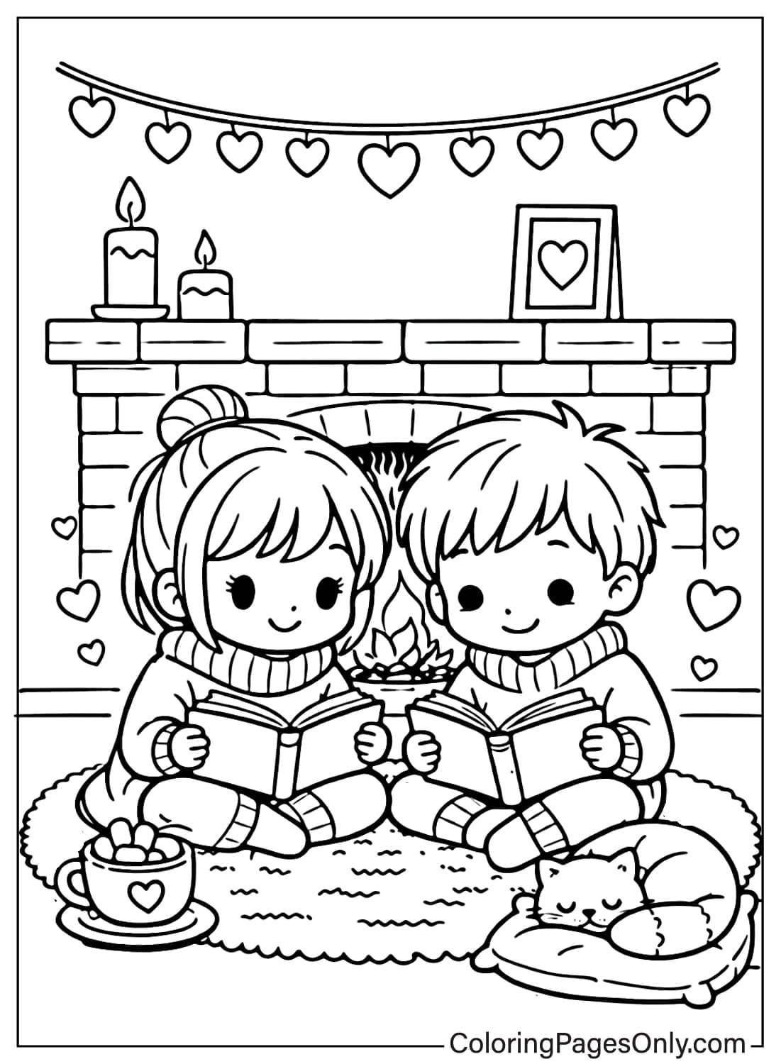 Cozy Love Coloring Pages Couple Reading By Fireplace from Cozy Love