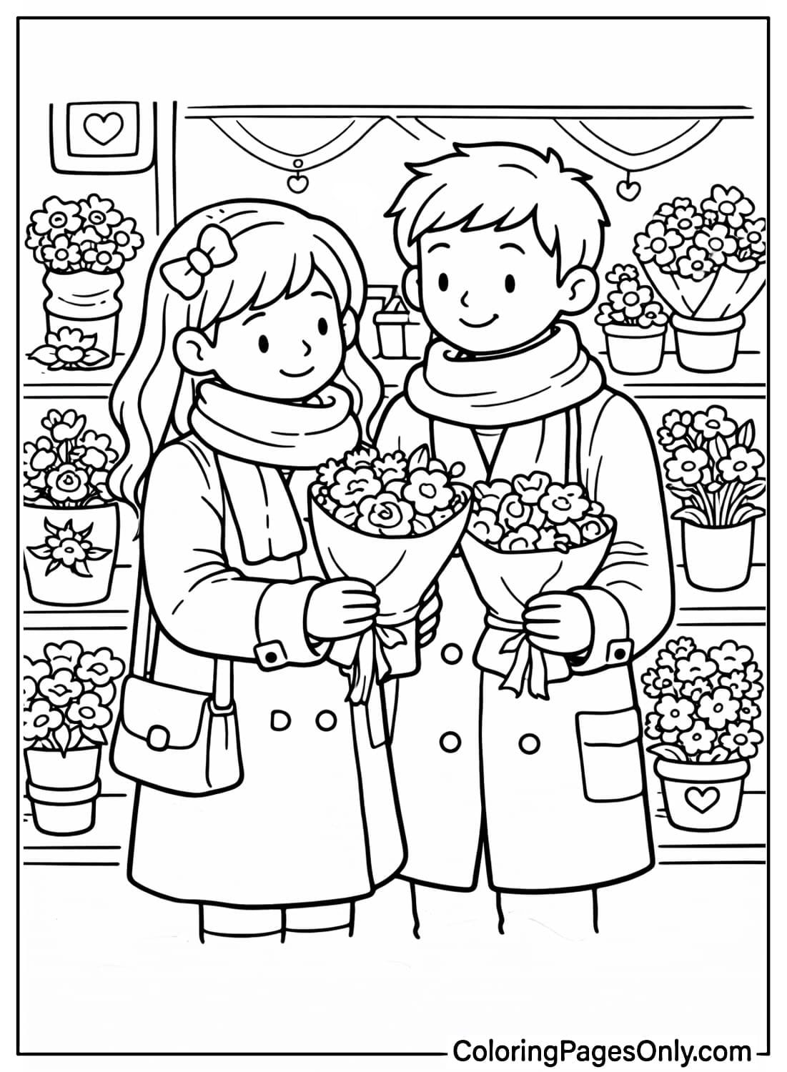 Cozy Love Coloring Pages Couple Holding Flowers from Cozy Love