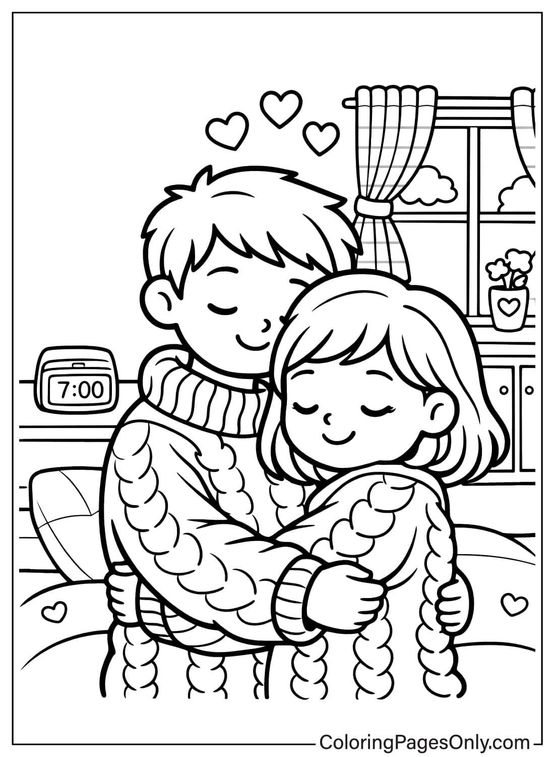Cozy Love Coloring Pages Couple Hugging Indoors from Cozy Love