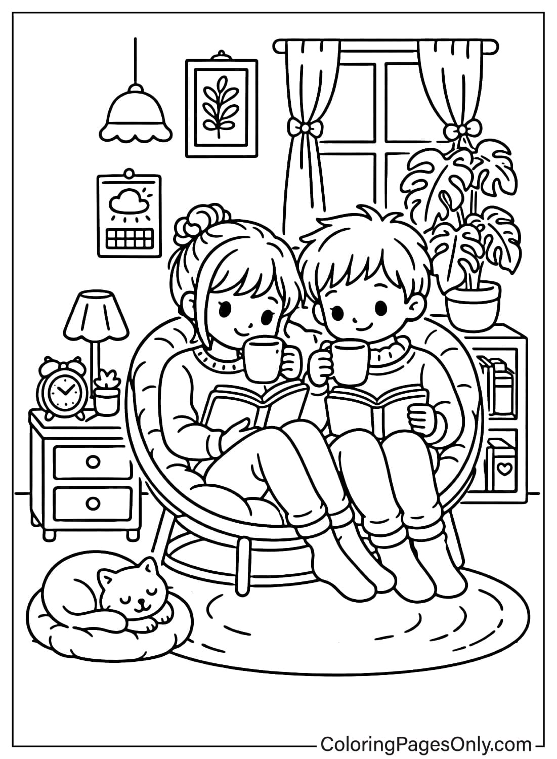 Cozy Love Coloring Pages Couple Reading Books from Cozy Love