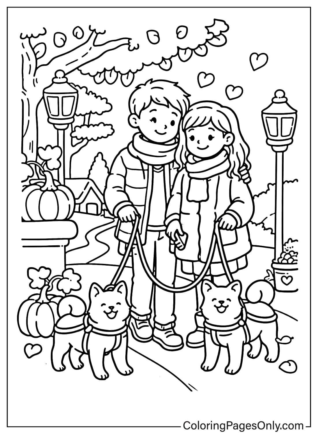 Cozy Love Coloring Pages Couple Walking Dogs from Cozy Love