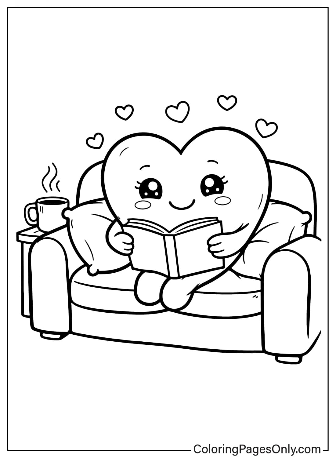 Heart Character Reading Book On Sofa Coloring Page from Heart