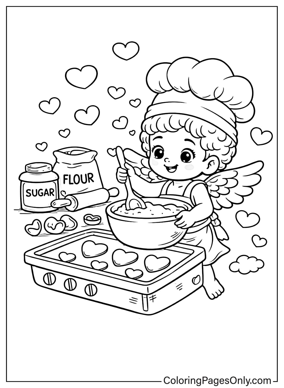 Cupid Baking Valentine Treats Coloring Page from Cupid