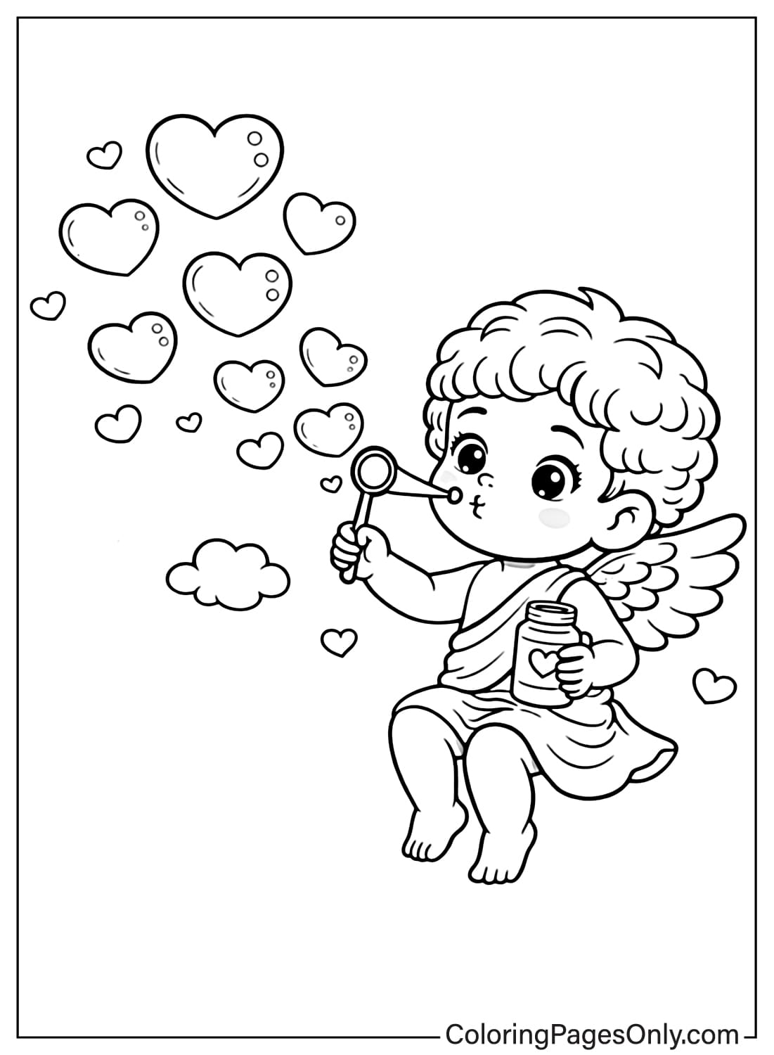 Cupid Blowing Heart Bubbles Coloring Page from Cupid