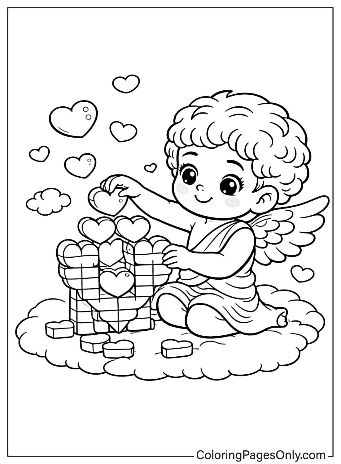 Cupid Building Heart Basket Coloring Page from Cupid