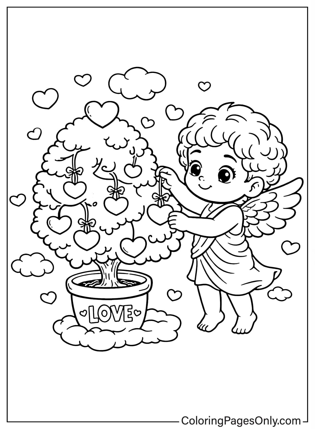 Cupid Decorating Love Tree Coloring Page from Cupid