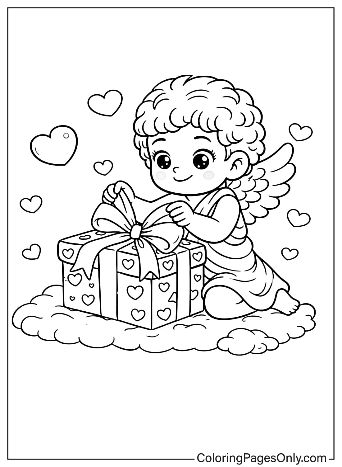 Cupid Opening Valentine Gift Coloring Page from Cupid