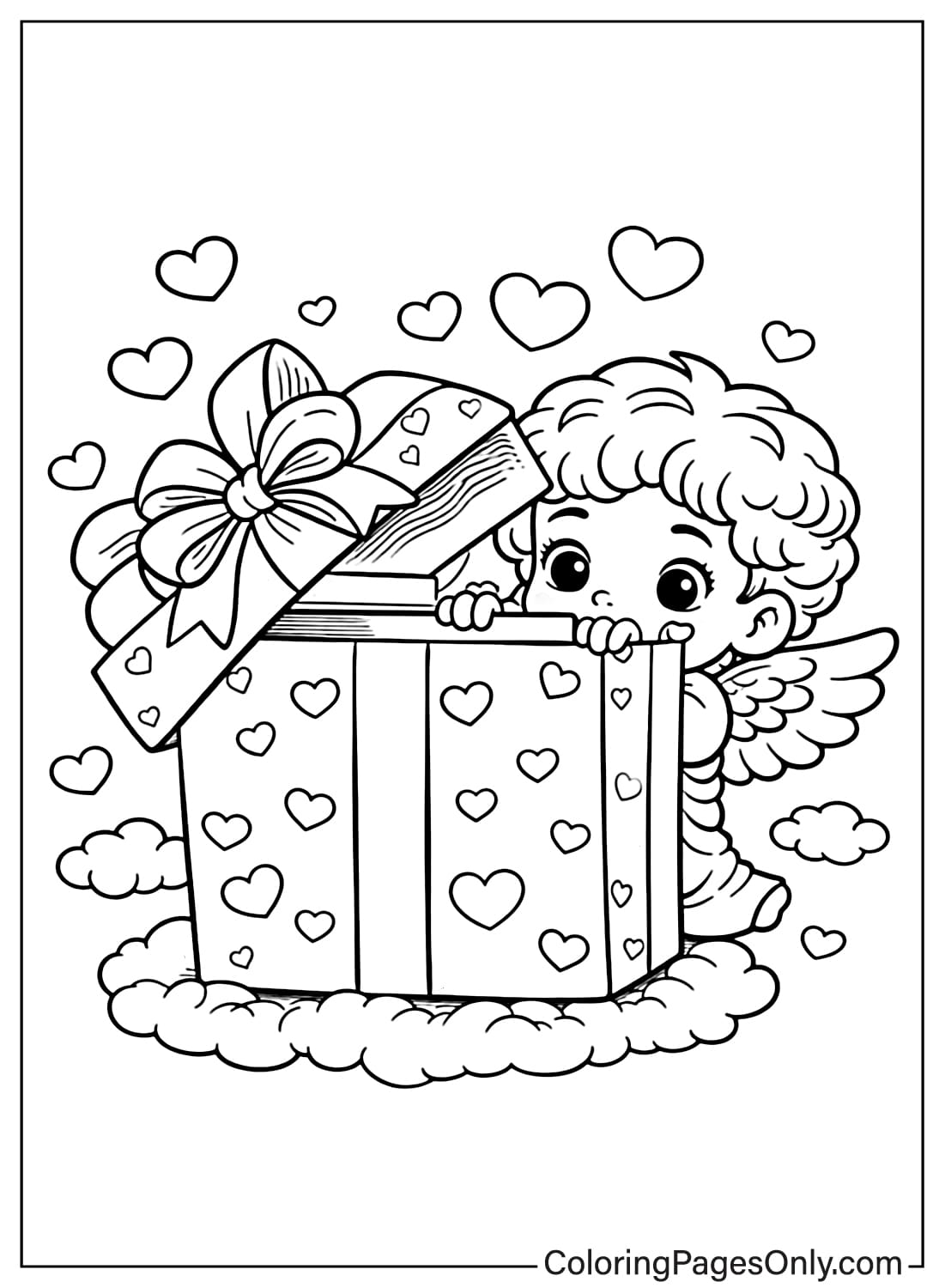 Cupid Peeking From Gift Box Coloring Page from Cupid