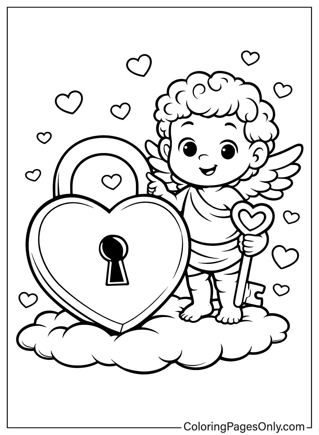 Cupid With Heart Lock Coloring Page from Cupid