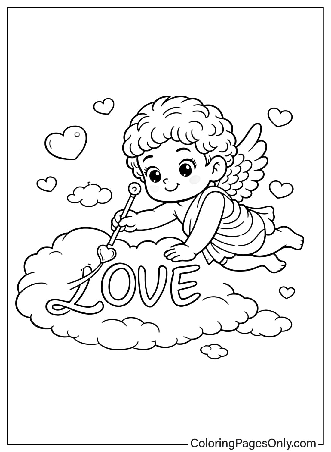Cupid Writing Love In Clouds Coloring Page from Cupid