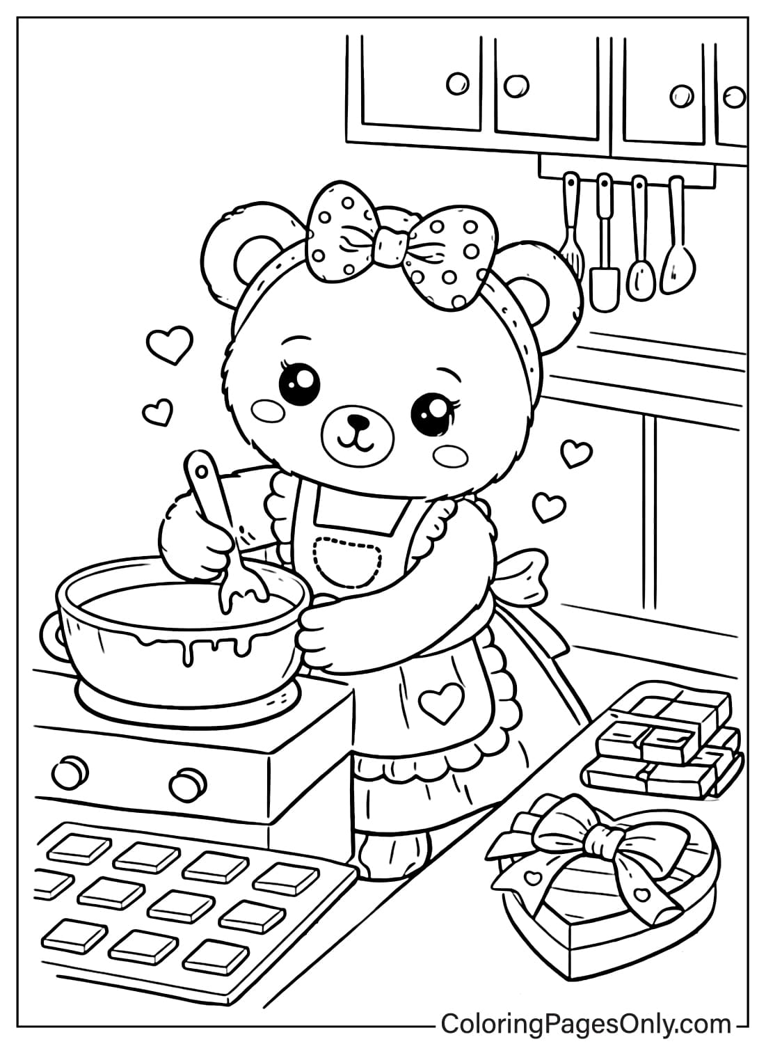 Cute Bear Cooking Chocolate Coloring Page from Chocolate