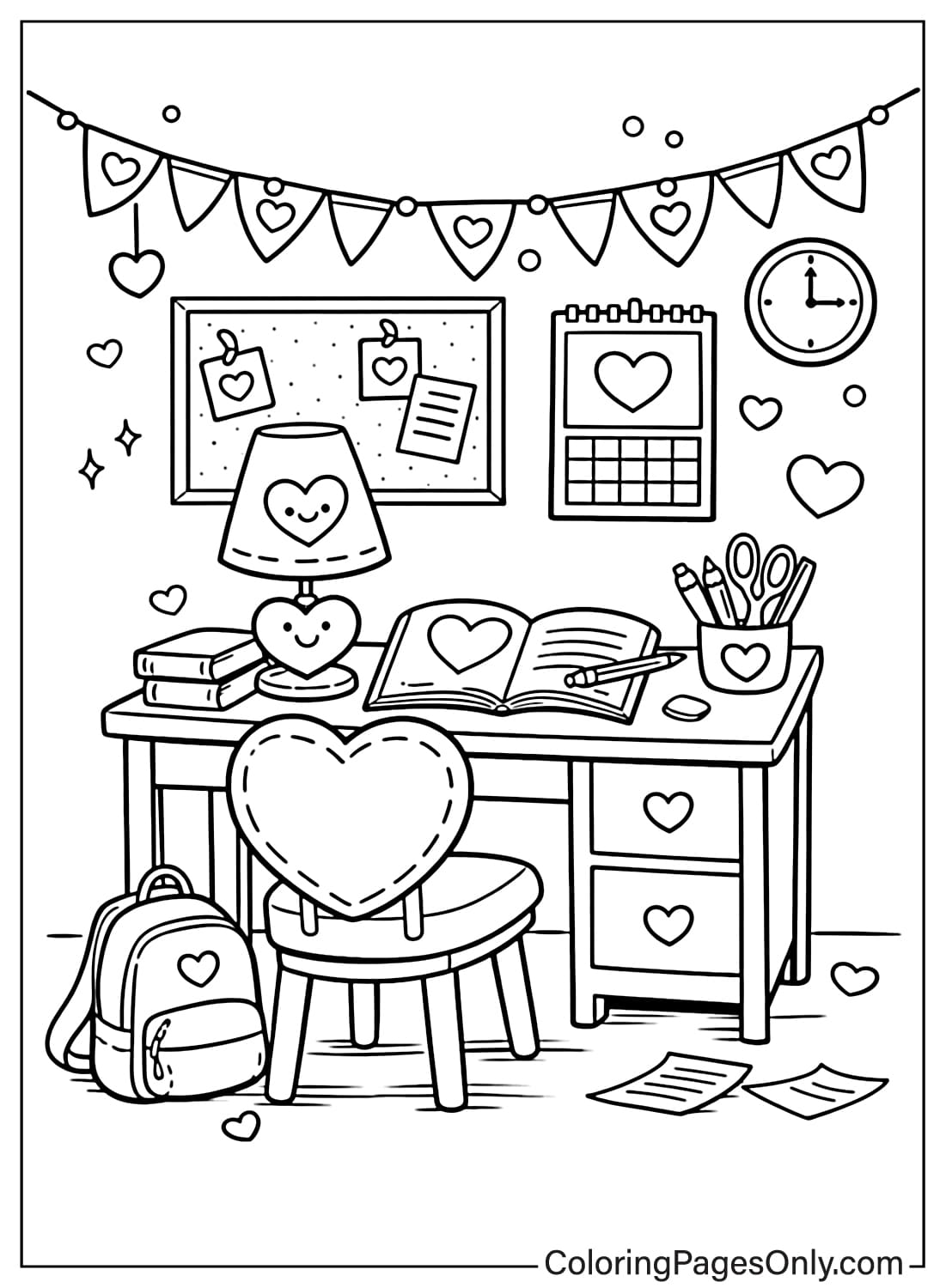 Study Desk With Lamp And Heart Decor Coloring Page from Heart