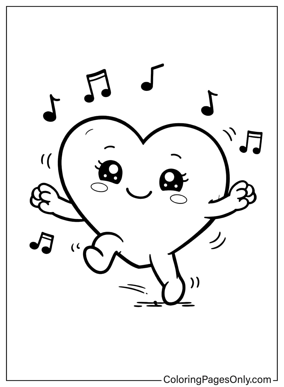 Happy Dancing Heart With Music Notes Coloring Page from Heart