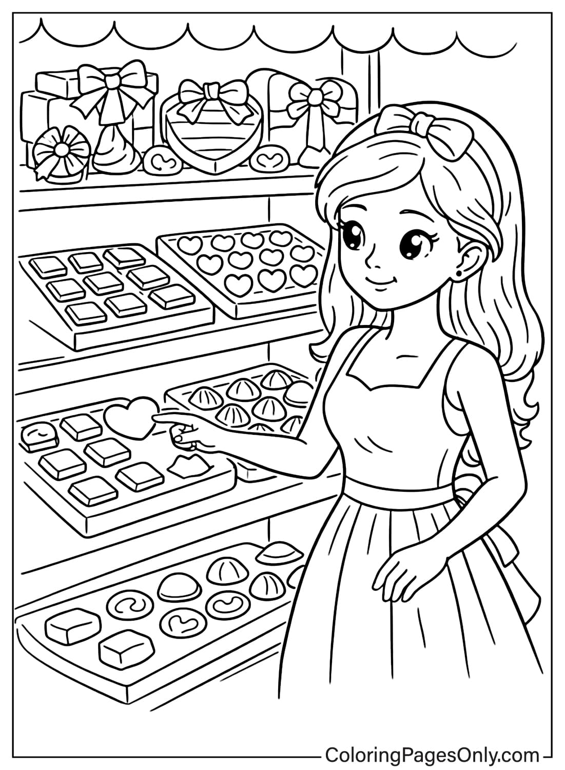 Girl Choosing Chocolate In Shop Coloring Page from Chocolate